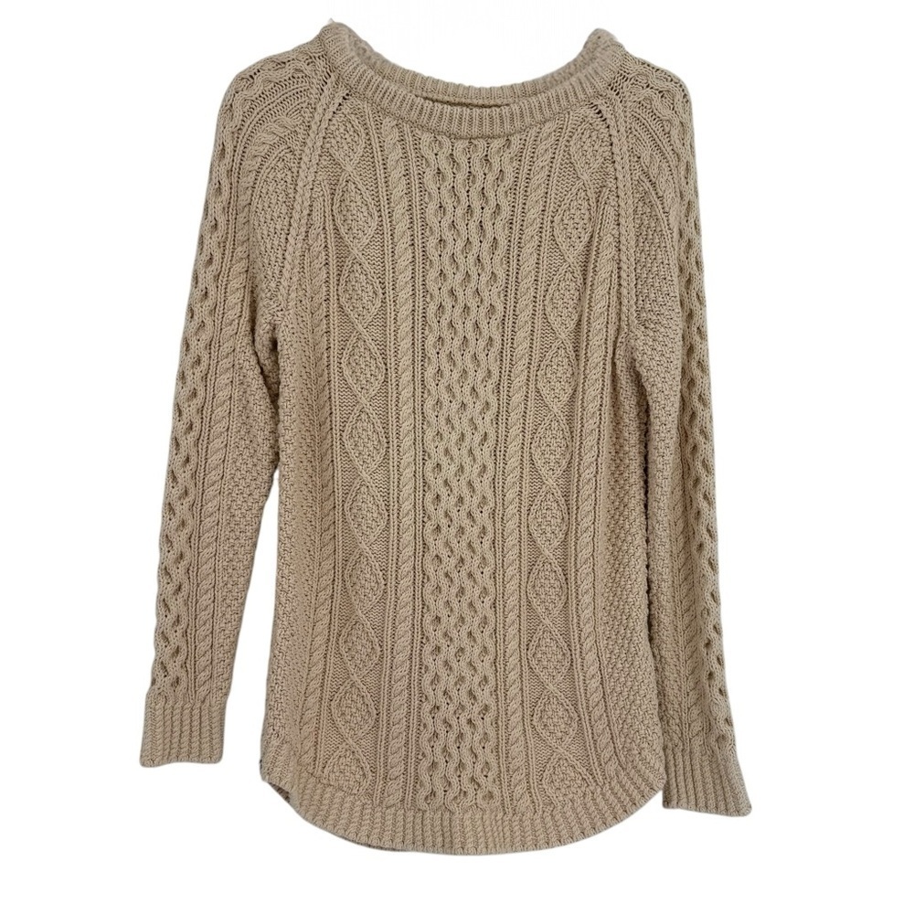 LL Bean Signature Fisherman Tunic Sweater Womens Size S Ivory Cable Knit